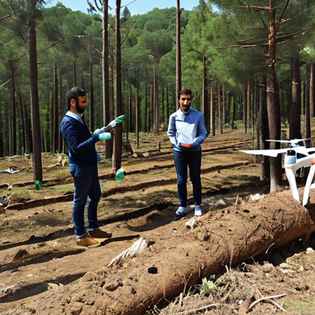 **

A group of young professionals planting trees in a deforested area near Istanbul. Focus on a bright, sunny day, showing the positive impact of environmental restoration. Include modern environmental equipment (like drones for surveying) in the background, symbolizing innovation.

**