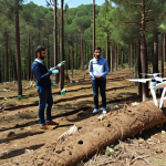 **

A group of young professionals planting trees in a deforested area near Istanbul. Focus on a bright, sunny day, showing the positive impact of environmental restoration. Include modern environmental equipment (like drones for surveying) in the background, symbolizing innovation.

**