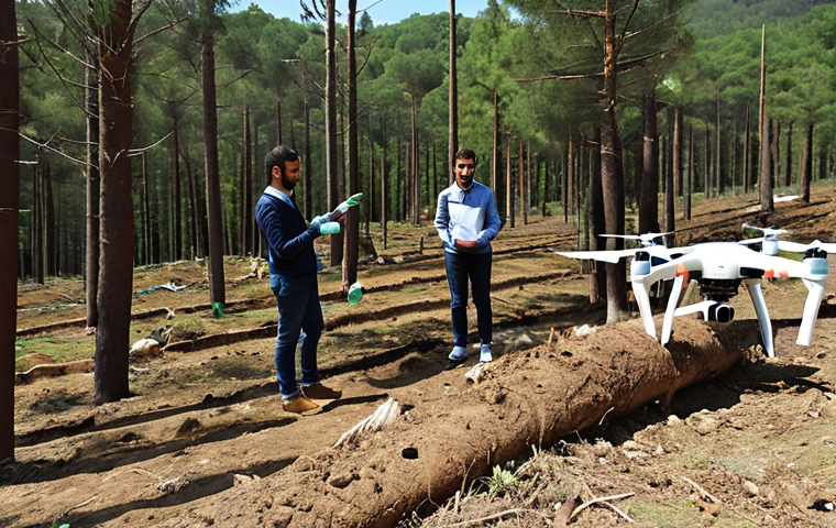 **
A group of young professionals planting trees in a deforested area near Istanbul. Focus on a bright, sunny day, showing the positive impact of environmental restoration. Include modern environmental equipment (like drones for surveying) in the background, symbolizing innovation.
**